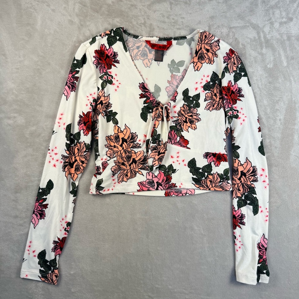 Hot Kiss Floral Twist Front Long Sleeve Crop Top Size L Y2K